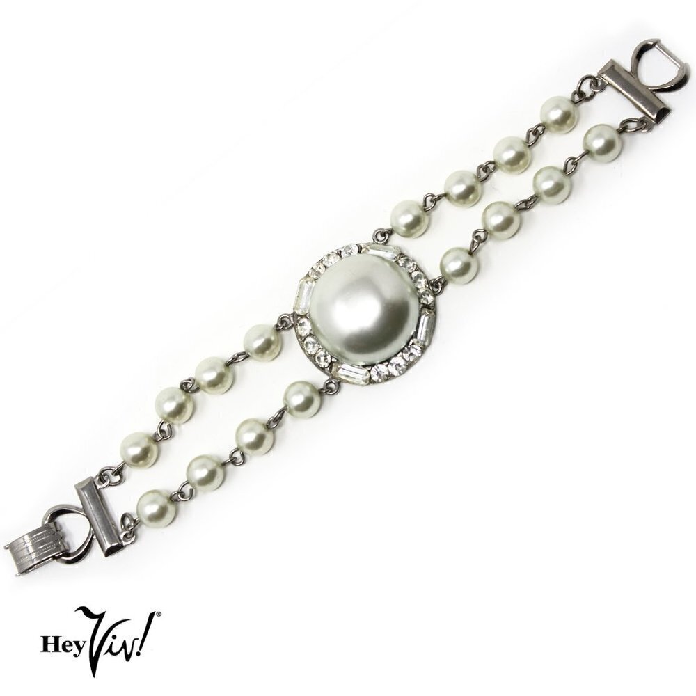 Vintage 2 Strand Pearl & Rhinestone Bracelet - Elegant Statement Style
